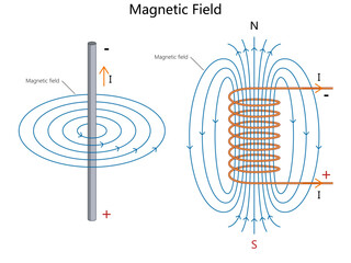 magnetic field lines around a straight current-carrying wire and a solenoid, illustrating electricity and magnetism concepts diagram hand drawn schematic vector. Science educational illustration