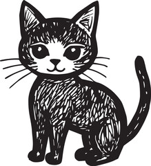 Cat Doodle Black and White Illustration Vector Image Cute Kitten Sketch Line Art Drawing Silhouette
