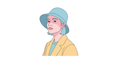 Stylish portrait of a confident person wearing a trendy hat and yellow jacket