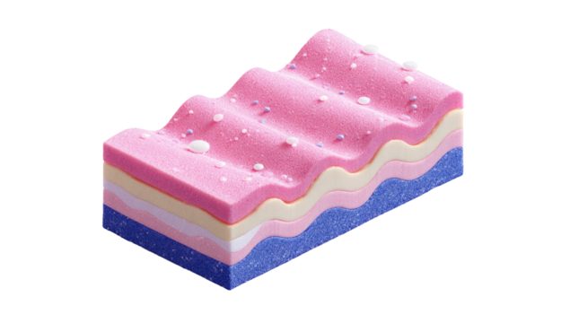 Layered, textured confection.  Multicolored, wavy layers.  Pink,  light yellow,  blue,  and white colors.  Small, light-colored dots.  3D rendering