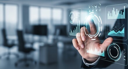 A businessman's hand interacting with a futuristic holographic interface displaying data analytics in a modern office environment.