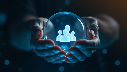 Hands cradling a transparent sphere with glowing people icon holding