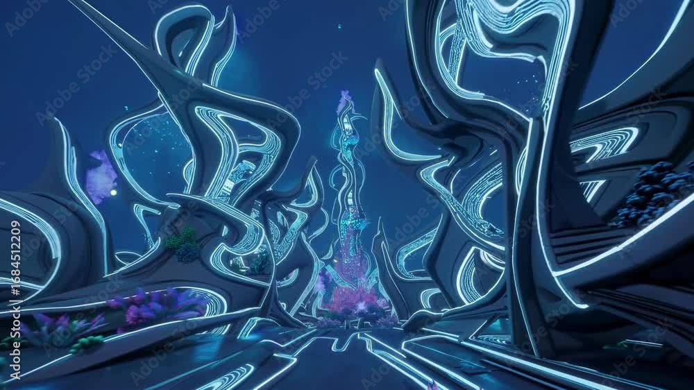 Poster futuristic underwater scene with glowing structures, captured from a low angle. ideal for a sci-fi v