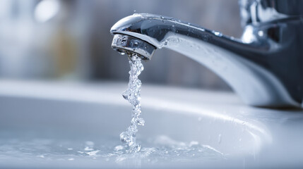 Water droplets splashing from dripping faucet into white sink basin illustrating ongoing leak and urgent repair