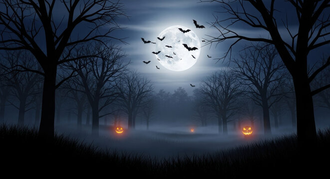 Spooky halloween forest scene with a full moon flying bats and glowing jack o lanterns on a misty night - Powered by Adobe