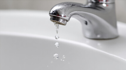 Water droplets splashing from dripping faucet into white sink basin illustrating ongoing leak and urgent repair