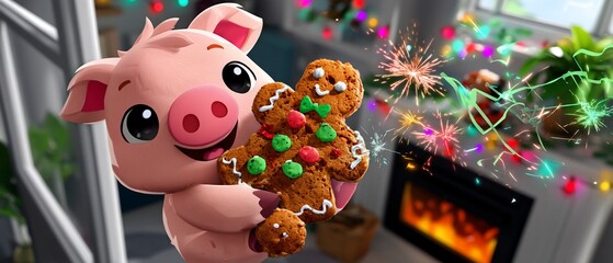 Festive piglet hugs gingerbread man amidst sparkling holiday lights and fireplace