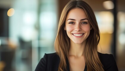 Naklejka premium Confident woman smiling in a modern office.