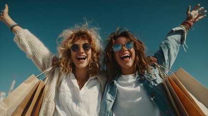 Cheerful young women celebrating friendship and joy while shopping outdoors on a sunny day