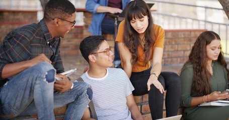 Education, diversity and friends in university with tech, social and network for success. Happy, students and people in college with advice, study group and break from examination preparations.