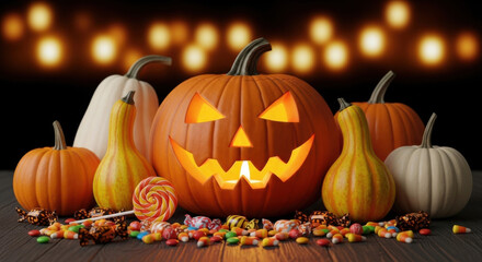 Jack o lantern pumpkin glowing with halloween candy and gourds on a dark background with bokeh lights