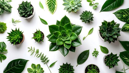 Obraz premium A vibrant display of succulent plants and foliage arranged in a symmetrical pattern on a bright white surface.