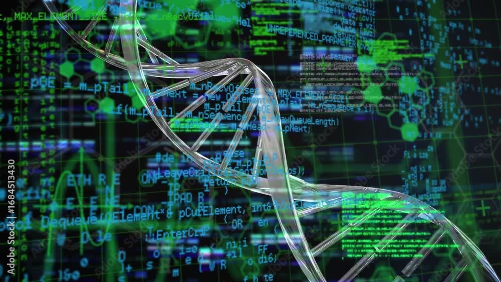 Poster animation of dna strand spinning and data processing with robot's arm over grid