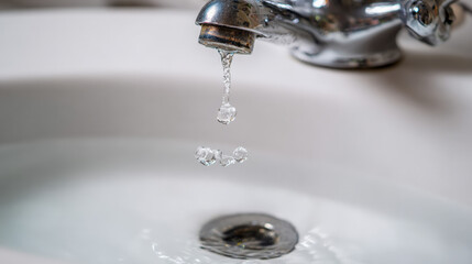 Water droplets splashing from dripping faucet into white sink basin illustrating ongoing leak and urgent repair