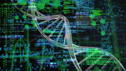 Animation of dna strand spinning and data processing with robot's arm over grid - Powered by Adobe