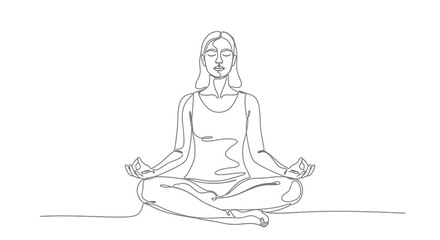 Continuous line illustration of woman meditating, achieving mindfulness and inner peace through