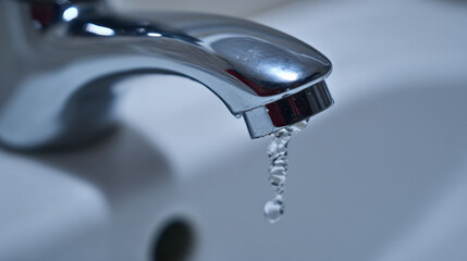 Water droplets splashing from dripping faucet into white sink basin illustrating ongoing leak and urgent repair