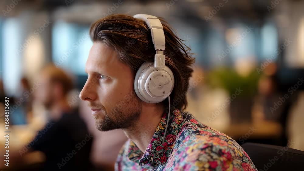 Poster focused profile of a participant wearing headphones in a hybrid brainstorming session distant group 