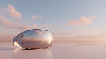 Modern virtual reality headset positioned on smooth pastel surface with sky cloud reflections on visor lens perfect for futuristic technology branding and immersive media concepts