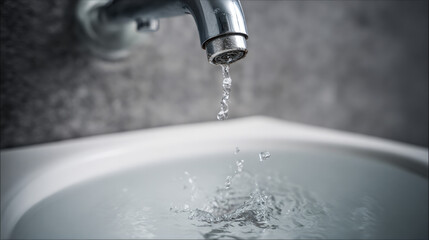Water droplets splashing from dripping faucet into white sink basin illustrating ongoing leak and urgent repair