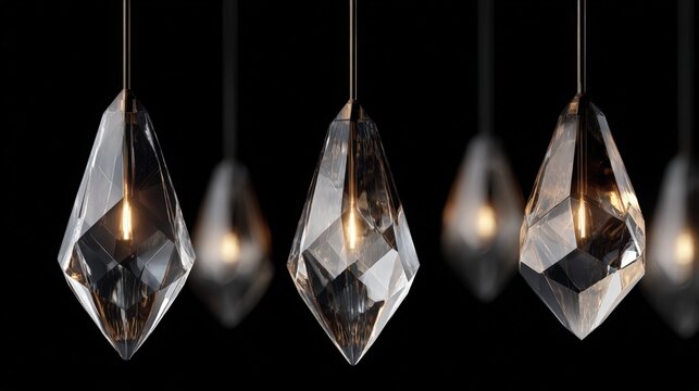 Diamond-shaped crystal chandelier pendants on white background with high clarity and polished surfaces, ideal for luxury lighting, home decor, and premium product photography. - Powered by Adobe