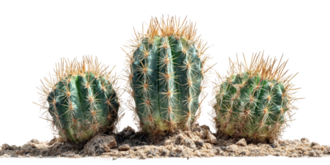 Three Small Barrel Cactus Plants in Sand on a Black Background for Easy Compositing, Green Cacti with Yellow Spines
