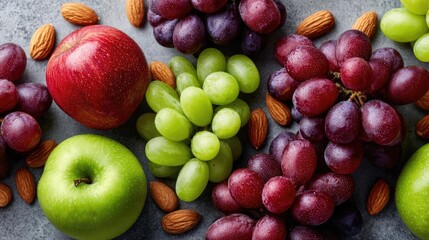 Top view photo of fruits with almonds concept. Fresh assortment of fruits and nuts on a textured surface.