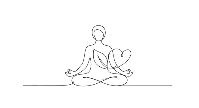 Single line drawing of a person meditating with heart and leaf representing holistic wellness