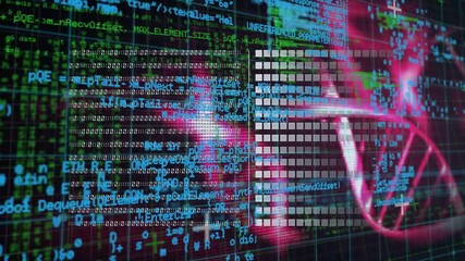 Animation of dna strand spinning and data processing with robot's arm over grid - Powered by Adobe