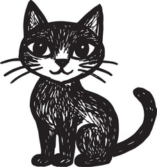 Cat Doodle Black and White Illustration Vector Image Cute Kitten Sketch Line Art Drawing Silhouette
