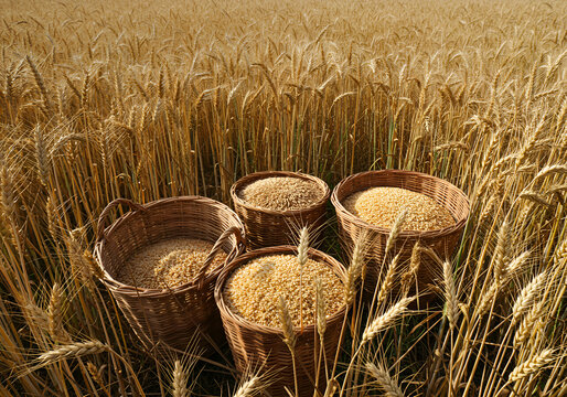 Farm-to-Table Concept of Harvested Cereal Grains in Wicker Baskets on Golden Wheat Field - Powered by Adobe