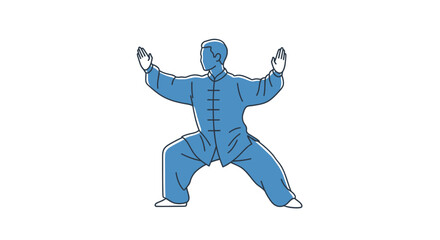 Minimalistic blue illustration portraying a man performing Tai Chi movements with grace and focus