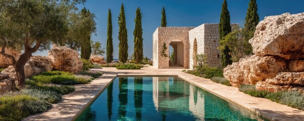 Square pool in the Greek villa garden concept. A stunning outdoor pool with elegant architecture and greenery.