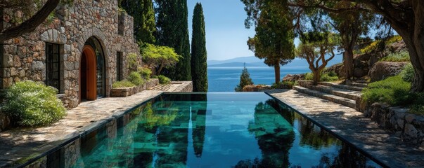 Square pool in the Greek villa garden concept. Serene view of a luxury pool surrounded by lush greenery.
