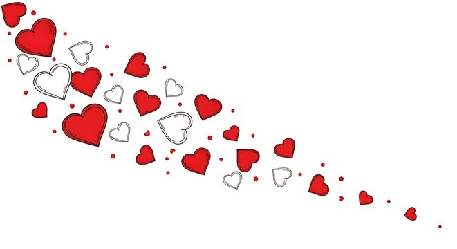 A cascade of red hearts and dotted outlines flowing diagonally from the top left corner to the bottom right, isolated on a white background, symbolizing love and romance