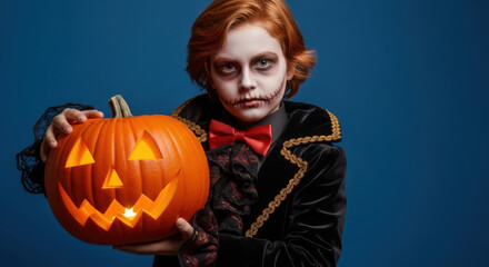 Young boy dressed as a vampire holding a glowing jack o lantern for halloween