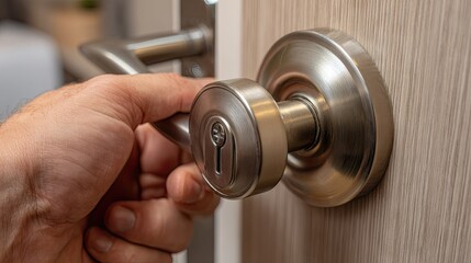 Hand turning a brushed nickel door handle.