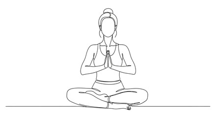 Continuous line drawing of a woman in the lotus position practicing meditation mindfulness and