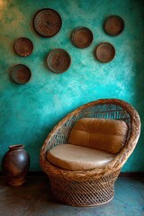 A teal-colored wall, adorned with intricate woven baskets, complements a stylish wicker armchair, creating a cozy and inviting space.