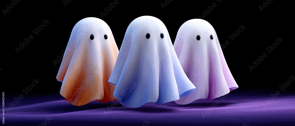 Poster Three colorful ghost figures on a dark background, each with distinctive shades and round eyes, creating a whimsical and playful atmosphere.