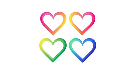 Four colorful heart outlines with a gradient fill, isolated on a white background, representing love and diversity in a vibrant artistic composition