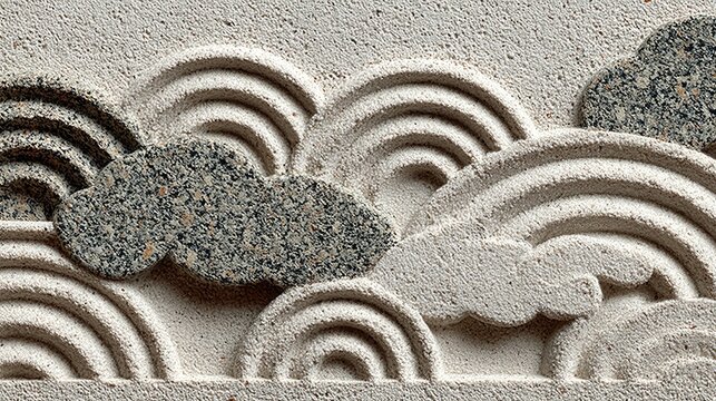 Embossed stone relief depicting stylized clouds and waves