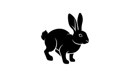 Obraz premium A black silhouette of a rabbit standing on a white background, with its ears perked up and tail visible, isolated on white background