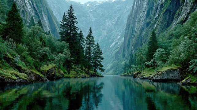 Serene mountain lake reflecting steep cliffs and lush greenery
