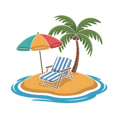 Cartoon tropical island with palm tree beach chair and umbrella on transparent background vacation isolated on a transparent background