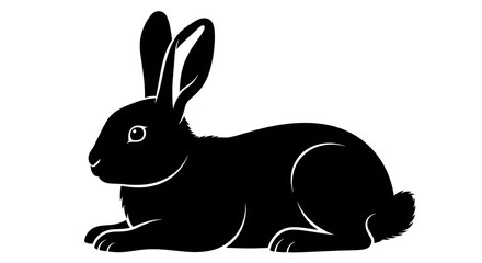 Obraz premium A silhouette of a black rabbit lying down, with its ears perked up and facing left, isolated on a white background, representing nature and wildlife