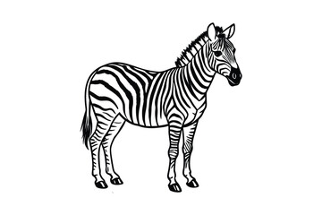 Obraz premium A detailed black and white silhouette of a standing zebra with its distinctive stripes isolated on white background