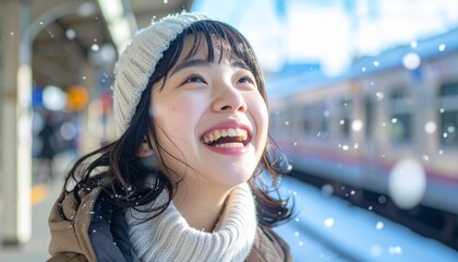 初雪に嬉しそうな女性（駅のホーム）
