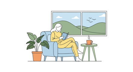 Woman enjoying a peaceful reading session at home with comforting tea and view
