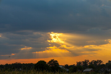 Above the roofs of houses and treetops, dense clouds gather, through which powerful sunbeams break through, creating a dramatic effect. This photo captures the contrast between the dark clouds and the